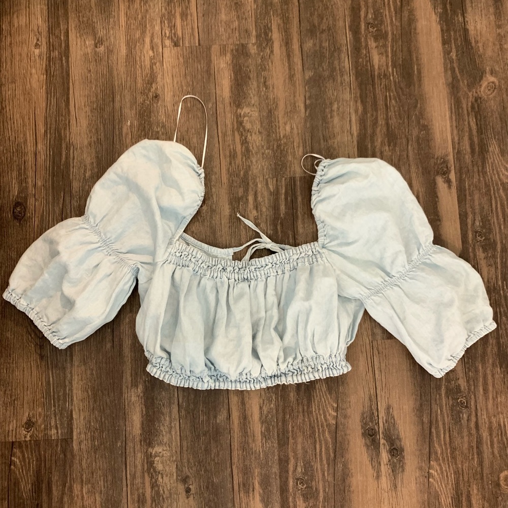 Chambray square neck puff sleeve crop top new with tags from Zara